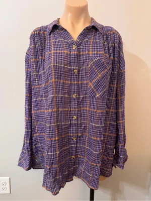 Free People Break My Stride Purple Plaid Button Down Shirt Top Medium thumbnail 2