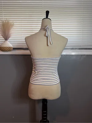 American Eagle Blue & White Striped Halter Tank Top Size M Coastal Summer thumbnail 5