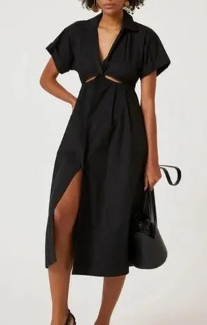 Anthropologie Twist Waist cutout midi Shirtdress black pull on poplin cotton XS thumbnail 1