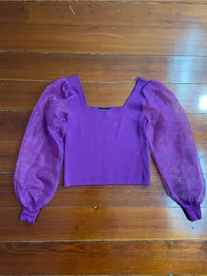 House of Harlow 1960 Sheer Puff Sleeve Chiffon Square Neck Crop Top Sz XS 💚🎀 thumbnail 5