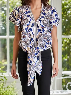 Max Studio Boho Paisley Tie Front Blouse M Blue Cream Coastal Top Anthro-Style thumbnail 3