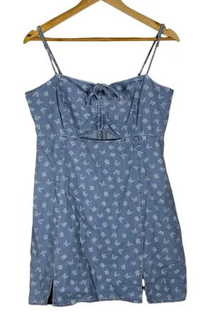Aeropostale Butterfly Print Denim Mini Dress Blue Y2K Cutout Tie Front Size L thumbnail 1