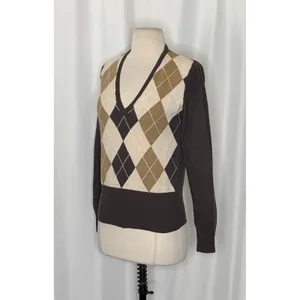 UNITED COLORS OF BENETTON Argyle Wool Blend V-Neck Sweater Preppy Size Small thumbnail 5