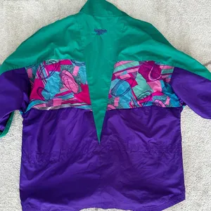 Vinatge 90s Reebok Windbreaker Cinch Waist Full Zip Green/Purple Abstract Design thumbnail 5