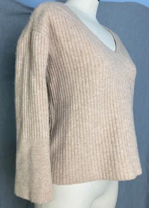 Rag & Bone Sweater‎ XS Oatmeal 100% Merino Wool Ribbed V Neck Bell Sleeve thumbnail 1