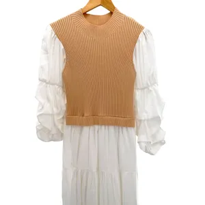 English Factory Tan‎ Ribbed Vest Puff Sleeve Tiered Maxi Dress Small Neutral thumbnail 4