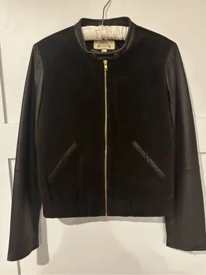 MNG Mango Mixed Media‎ Leather & Suede Bomber Jacket Deep Chocolate Brown/Gold M thumbnail 1