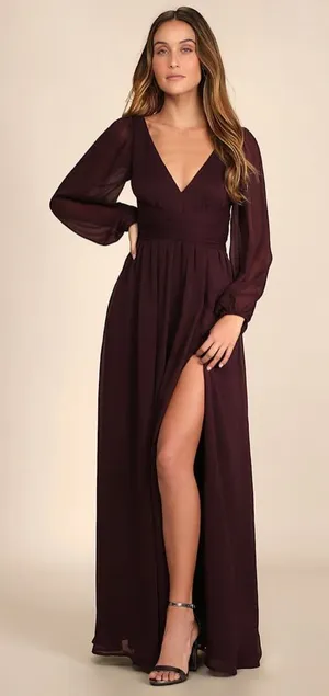 LULU’S Enchant My Love Dark Purple V-Neck Long Sleeve Maxi Dress thumbnail 1