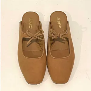 J.Crew Mary Jane Mules Womens 6 Tan Suede Square Toe Bow Balletcore Flat CL331 thumbnail 2