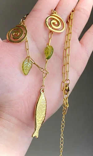 Handmade gold tone fully gold tone stainless steel fish & swirl boho funky chic necklace🌀🐟 thumbnail 6