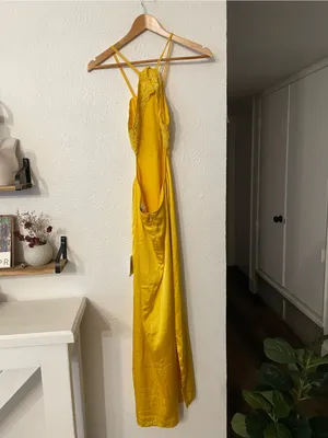 NWT ASOS Yellow Embroidered Bodice Satin Bias Midi Dress Size 2 thumbnail 5