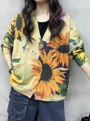 Vintage Sunflower Watercolor Sweater Cardigan thumbnail 3