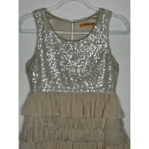 Alice + Olivia 2000s Silk Ruffle Tiered Sequin Dress Neutral Small thumbnail 3