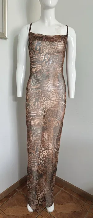 Pretty Little Thing Maxi Dress Cover Up Mesh Brown Leopard Print Size 2 Spaghetti Strap Summer Dress thumbnail 1