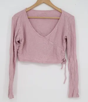 PacSun Mauve Pink Waffle Knit Wrap Crop Top Long Sleeve V-Neck Size M thumbnail 1