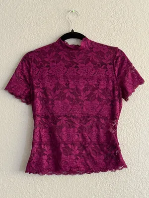 GUESS Burgundy Plum Floral Lace Mock Neck Sheer Top Small Dark Romantic Fairy thumbnail 3