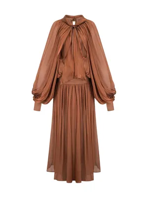 Miss Rosier Mila Brown Pleated Satin Maxi Dress size small thumbnail 3