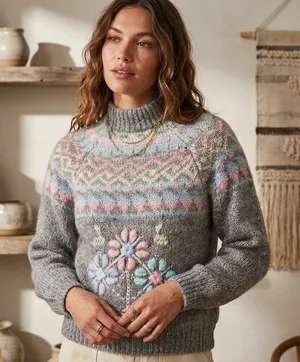 VINTAGE Gray pullover floral flower embroidered mock neck sweater wool medium thumbnail 1