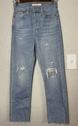 Levi's Women's Wedgie Straight Distressed Button-Fly Blue Jeans size 24 thumbnail 1