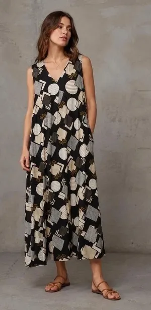 Gudrun Sjodén Sleeveless Black Midi Dress With Abstract Geometric Print Size L thumbnail 1