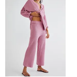 Free People Rose Pink Hailee Sweater Waffle Knit Wide Leg Cropped Pants Sz.L thumbnail 2