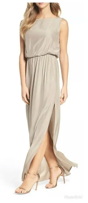Natalie Deayala drape back silk column dress. NWT Tan thumbnail 1