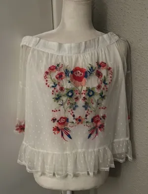 Umgee Boho Mesh Floral Embroidered Peasant Top S Festival Concert Indie Casual thumbnail 1