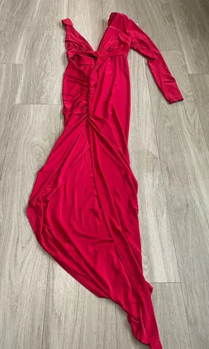 Red Long one Sleeve Ruched V-Neck Maxi Dress thumbnail 1