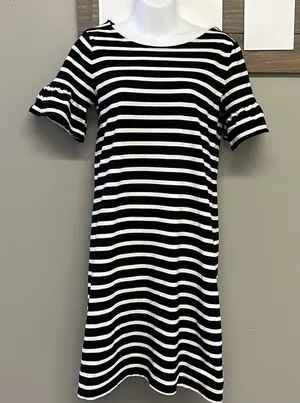 J. Crew Black & White Striped T- Shirt Dress w/ Ruffled Puff Sleeves- Small thumbnail 1