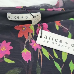 Alice + Olivia Black Floral Silk‎ Chiffon Lexis Sakura Mini Dress Off Shoulder 6 thumbnail 8