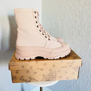 FREE‎ PEOPLE Camp Out Canvas Combat Boot, Natural, Tan/Pink, Size 8, NWT thumbnail 3