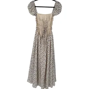 MABLE Analise Floral Smocked Open Back Lace Up‎ Maxi Dress Cream Blue Size Small thumbnail 6