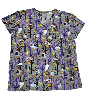 Gabby Brooke Halloween Scrub Top Sloths Owl Ghost Night 2 Pocket LARGE thumbnail 1
