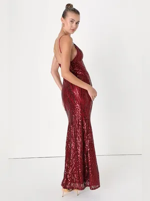 Lulu's Ever So Elegant Shiny Burgundy Sequin Mermaid Maxi Dress thumbnail 2