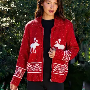 Magnolia Boutique Red White Moose Aztec Zip Sweater Cardigan Sz S NWOT thumbnail 1