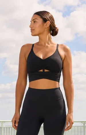 Athleta Black Ruched Cutout Longline Sports Bra M Yoga Pilates Adjustable thumbnail 1