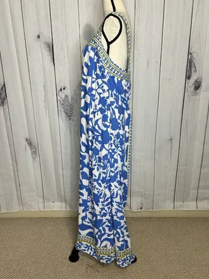 Vince Camuto Floral Border Print Smocked Back Maxi Dress Blue White Sz L Rayon thumbnail 5