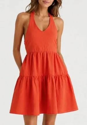 American Eagle Orange Cotton Linen Halter Neck Tiered Dress Women’s Size Medium thumbnail 1