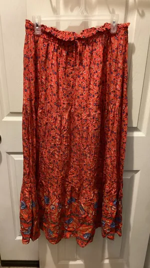 Women's Red Floral Tiered Maxi Skirt - Lightweight Boho Style thumbnail 1