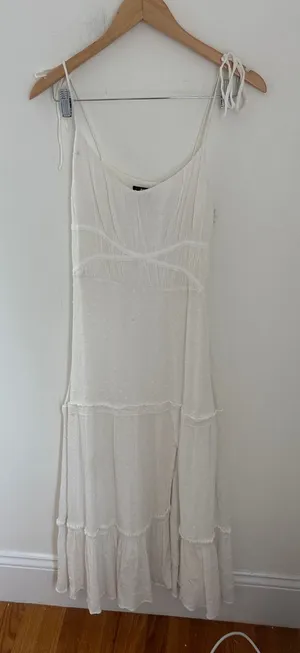 PAIGE White Swiss Dot Tiered Midi Dress Tie Straps‎ Small Wedding Bridal Summer thumbnail 1