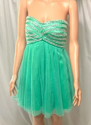 Sequin Hearts Green Strapless Sequin Tulle Fit Flare Dress Lace Up Back Size 5 thumbnail 1