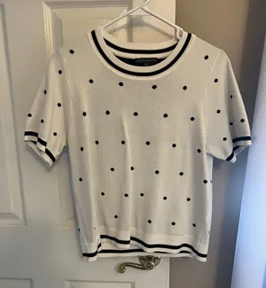 Adrianna Papell White Short Sleeve Knit Tee with Black Polka Dots thumbnail 1