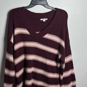 American Eagle Women‎ Burgundy Stripes Knit Pullover Sweater size Small thumbnail 2