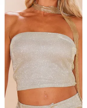 Pretty Little Thing Gold Glitter Bandeau Crop Top NWT thumbnail 1