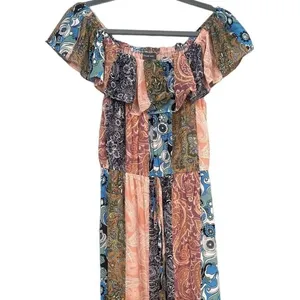NWOT Sans Souci Off Shoulder Patch Print Maxi Dress Elastic Tie Waist M Tan Blue thumbnail 3