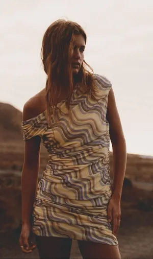 Zara One-Shoulder Mini Dress in Cream and Blue Wave Pattern thumbnail 1