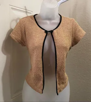 Vintage Tan black cropped cardigan bolero bow frog closure single button short sleeve dainty #coquette #cottagecore #boho #indie #grunge twee Made in USA thumbnail 8