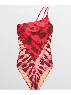 Aerie One Shoulder One Piece Swimsuit in Neon Peach & Pink Women’s Small thumbnail 15