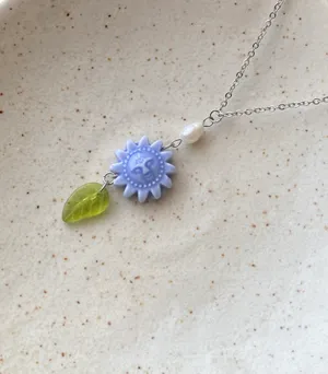 Handmade unique funky cute light blue ceramic sun & Czech glass leaf & freshwater pearl necklace☀️🌿 thumbnail 6