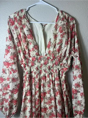 Free People "Keep You" Floral Long Sleeve Mini Dress‎ Smocked Waist Boho Size S thumbnail 3